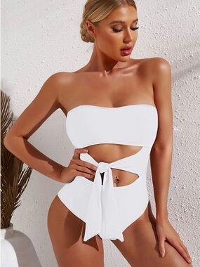 Viottiset Women's Bandeau One Piece Swimsuit Strapless Tie High Cut Out White M